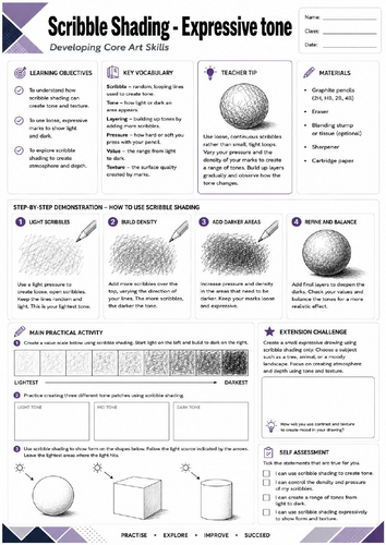 KS3 Art | Scribble Shading – Expressive Tone | Printable Shading Worksheet | Texture Drawing