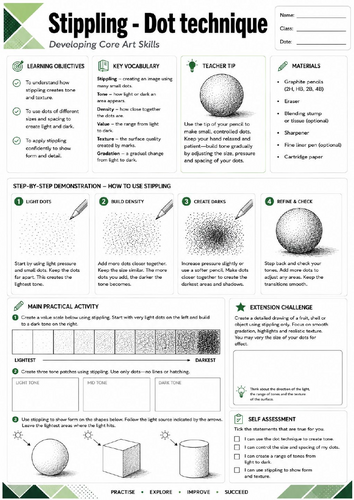 KS3 Art | Stippling – Dot Technique | Printable Art Worksheet | Tone & Texture