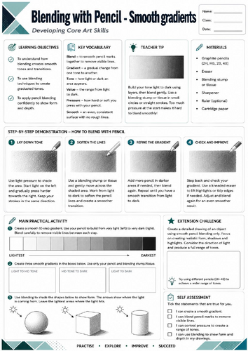 KS3 Art | Blending with Pencil – Smooth Gradients | Printable Drawing Worksheet | Pencil Techniques