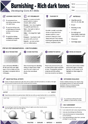 KS3 Art | Burnishing – Rich Dark Tones | Printable Art Worksheet | Advanced Pencil Shading