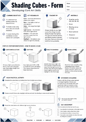 KS3 Art | Shading Cubes – Form | Printable Drawing Worksheet | Light & Shadow