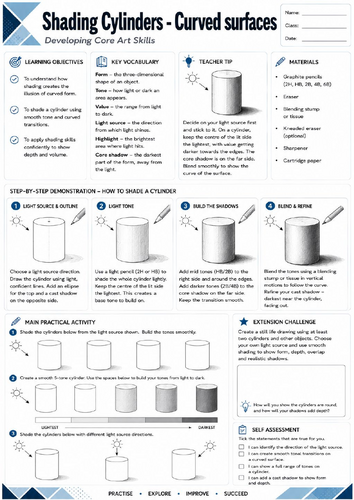 KS3 Art | Shading Cylinders – Curved Surfaces | Printable Drawing Worksheet | Pencil Shading