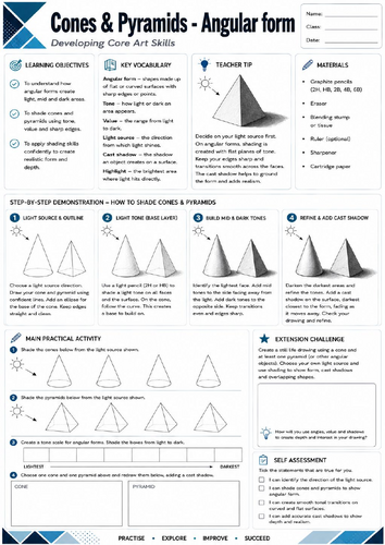 KS3 Art | Cones & Pyramids – Angular Form | Printable Art Worksheet | Drawing Skills