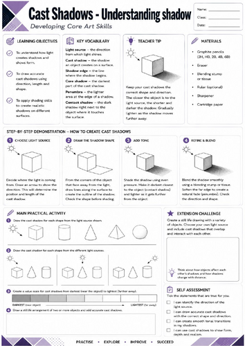 KS3 Art | Cast Shadows – Understanding Shadow | Printable Drawing Worksheet | Light & Form