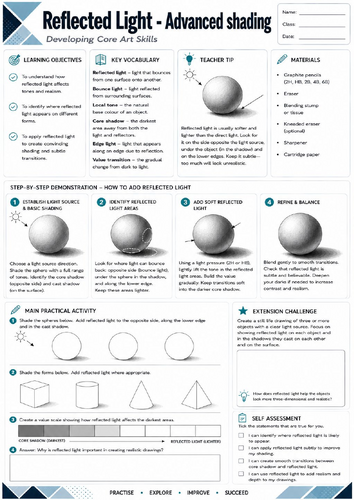 KS3 Art: Reflected Light Worksheet | Advanced Pencil Shading | Drawing Tone & Form | GCSE Art