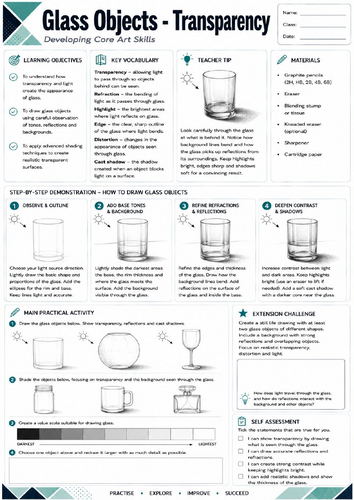 KS3 Art: Glass Objects Worksheet | Transparency Drawing | Pencil Shading | GCSE Art
