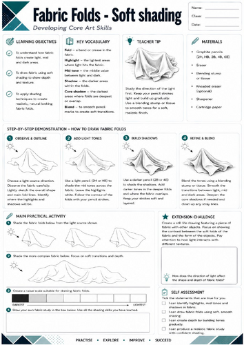 KS3 Art: Fabric Folds Worksheet | Soft Shading | Observational Drawing | GCSE Art