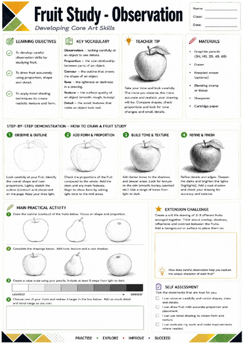 KS3 Art: Fruit Study Worksheet | Observational Drawing | Pencil Shading | GCSE Art