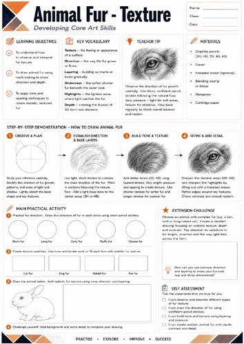 KS3 Art: Animal Fur Texture Worksheet | Pencil Drawing | Observational Skills | GCSE Art