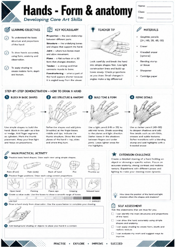 KS3 Art: Drawing Hands Worksheet | Form & Anatomy | Pencil Shading | GCSE Art