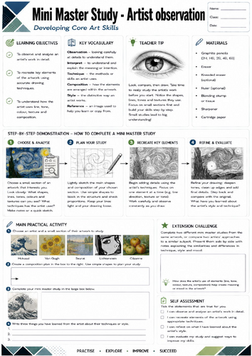 KS3 Art: Mini Master Study Worksheet | Artist Analysis | Observational Drawing | GCSE Art
