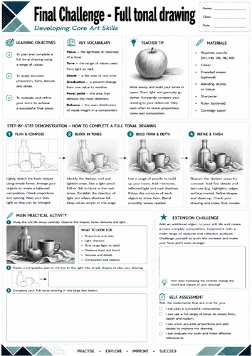KS3 Art: Final Tonal Drawing Challenge | Shading Assessment Worksheet | GCSE Art