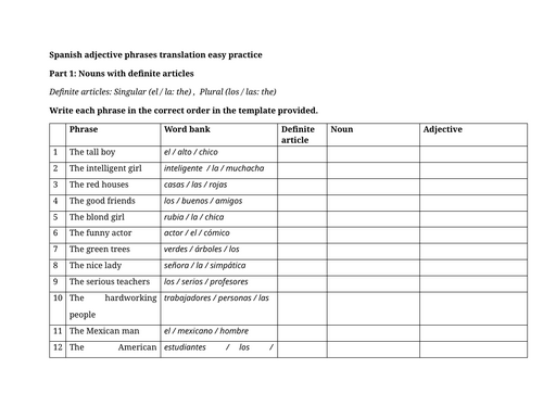 Spanish adjective phrases translation easy practice