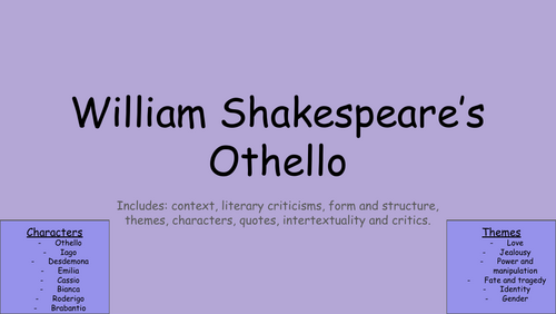 William Shakespeare's Othello revision notes and sheets