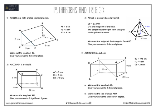 Pythagoras and Trigonometry 3D - Maths GCSE Higher Worksheet