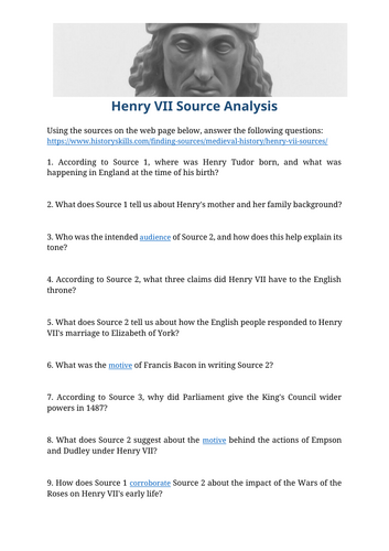 King Henry VII Source Analysis Worksheet