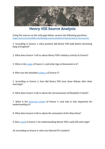 King Henry VIII Source Analysis Worksheet