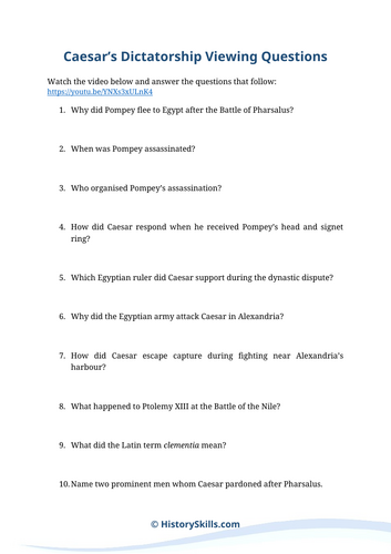 Julius Caesar’s Dictatorship and Assassination Viewing Questions Worksheet