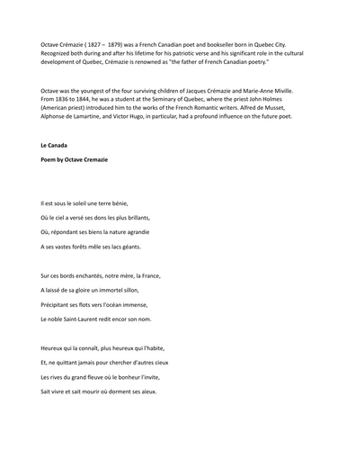 Advanced Level French Poetry "Le Canada" by Cremazie: text with translation