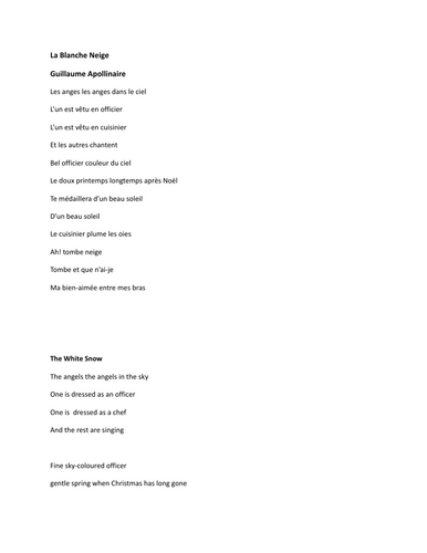 "La Blanche Neige" poem with translation: ADVANCED LEVEL FRENCH LITERATURE