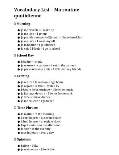 KS3 FR Ma routine quotidienne