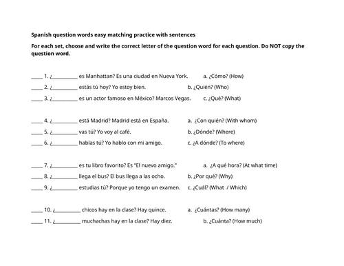 Spanish question words easy matching practice with sentences