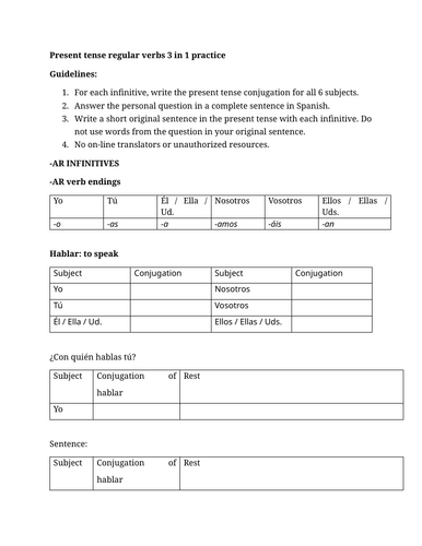 Present tense regular verbs 3 in 1 practice