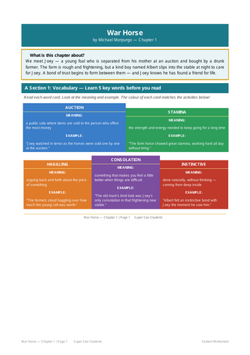 War Horse Chapter 1-4 Worksheet & Self-Marking Answers