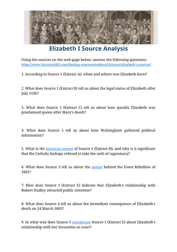 Queen Elizabeth I Source Analysis Worksheet