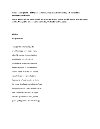 ADVANCED LEVEL ITALIAN LITERATURE study: "Alla Sera" poem with translation