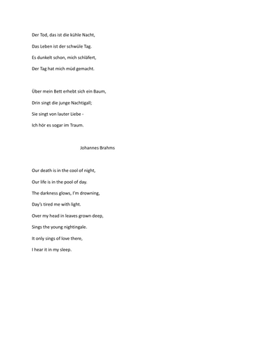 "Der Tod, das ist die kühle Nacht," Johannes Brahms: Poem and Translation: GERMAN LITERATURE