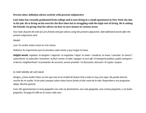 Precios altos: Inflation advice activity with present subjunctive.