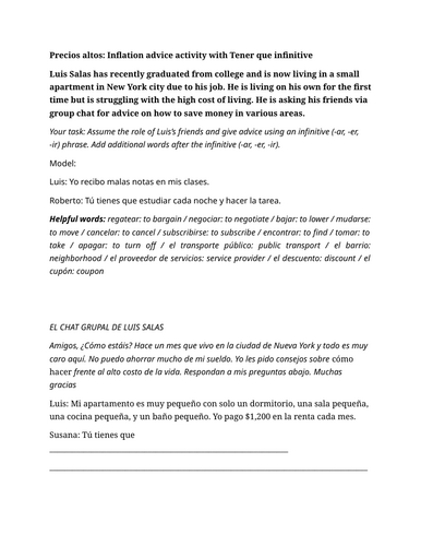 Precios altos: Inflation advice activity with Tener que infinitive