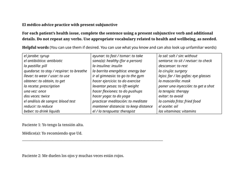El médico advice practice with present subjunctive