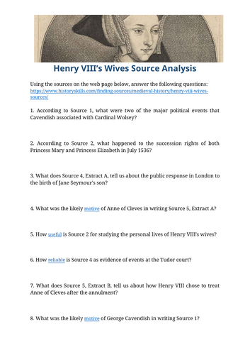 Henry VIII’s Six Wives Source Analysis Worksheet