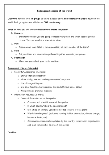 KS3 Endangered Species Poster Project | Research & Collaboration Activity