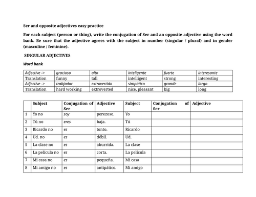 Ser and opposite adjectives easy practice