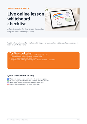 Live online lesson whiteboard checklist