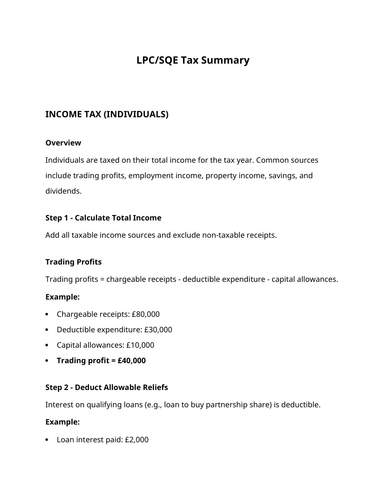 SQE/LPC Taxation summary sheet with examples
