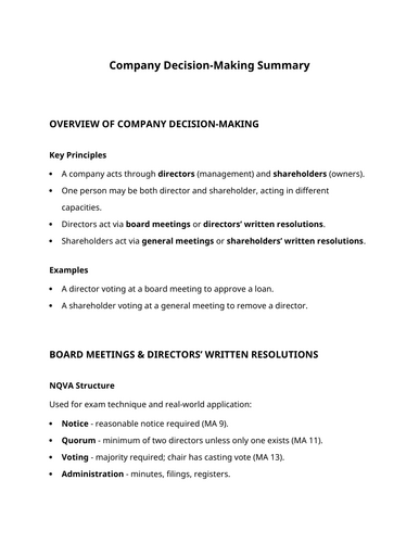 SQE/LPC - Company Decisions summary sheet - Business/Company Law