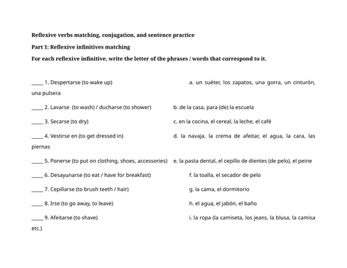 Reflexive verbs matching, conjugation, and sentence practice
