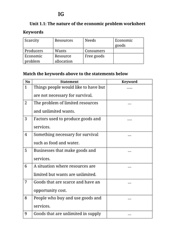 IG Econ Unit 1.1: The nature of the economic problem worksheet