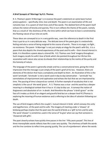 Teacher Resource: "A Marriage" by R.S. Thomas: GCSE ENGLISH LITERATURE