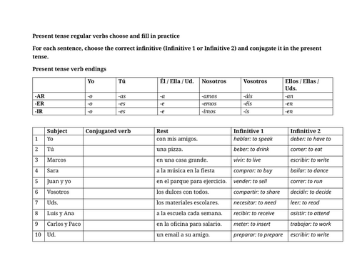 Present tense regular verbs choose and fill in practice