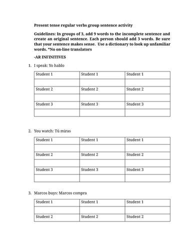 Present tense regular verbs group sentence activity