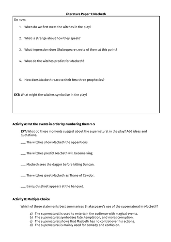 Literature Paper 1: Macbeth and the Supernatural Revision
