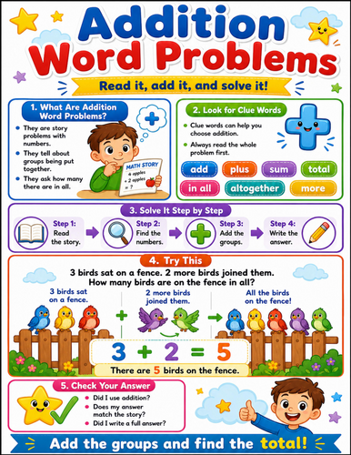 Addition Word Problems I Elementary School Poster I Classroom Decor