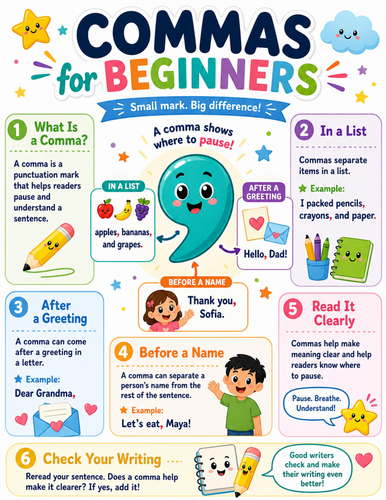 Commas for Beginners I Elementary School Poster I Classroom Decor