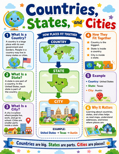 Countries, States, and Cities I Elementary School Poster I Classroom Decor