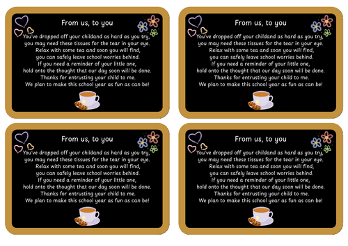 First day of school poem for parents to go with tissues and tea bag gift